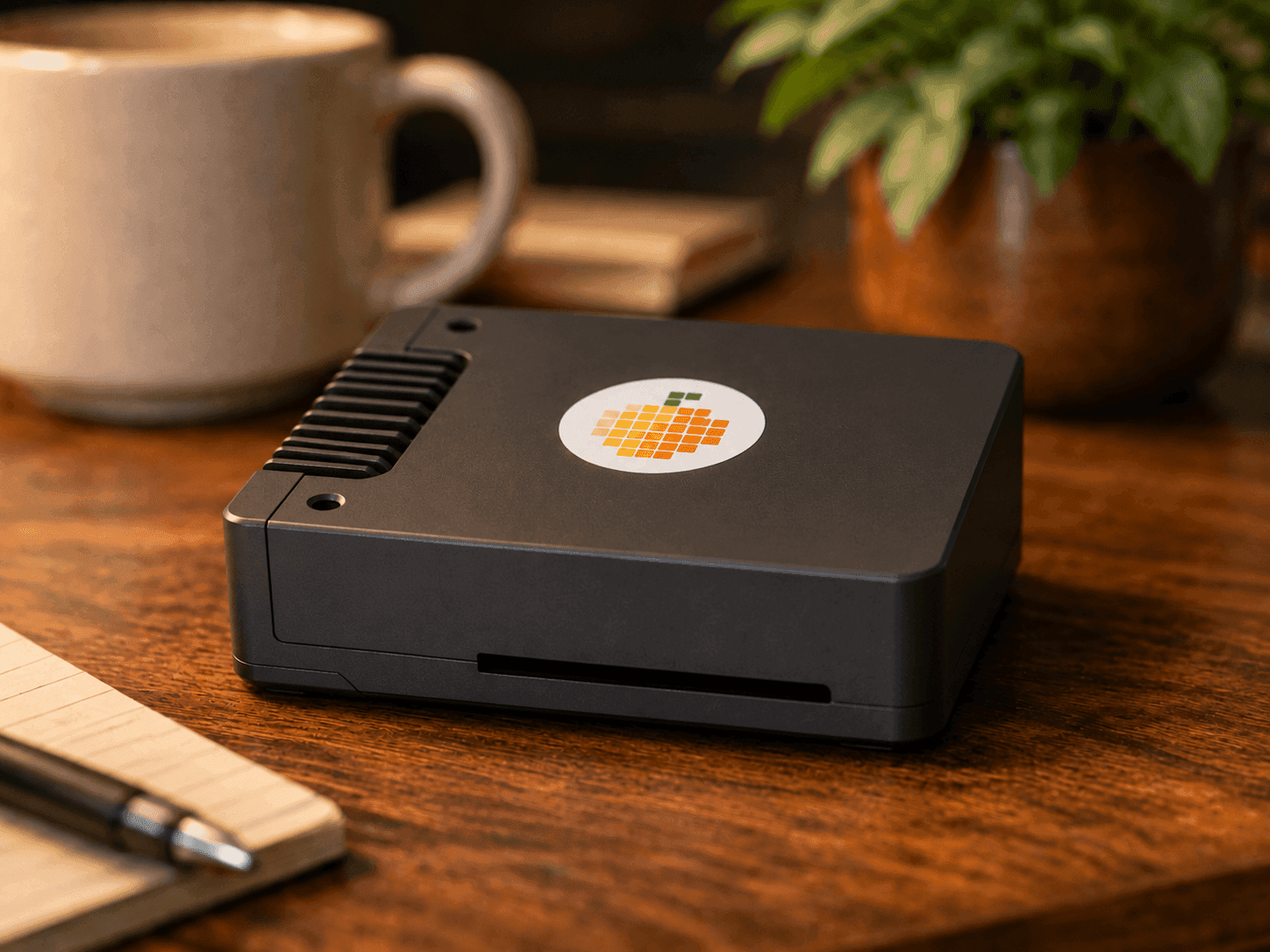 MangoTart box on a desk — a Raspberry Pi in a compact aluminum case, ethernet plugged in, next to a coffee cup